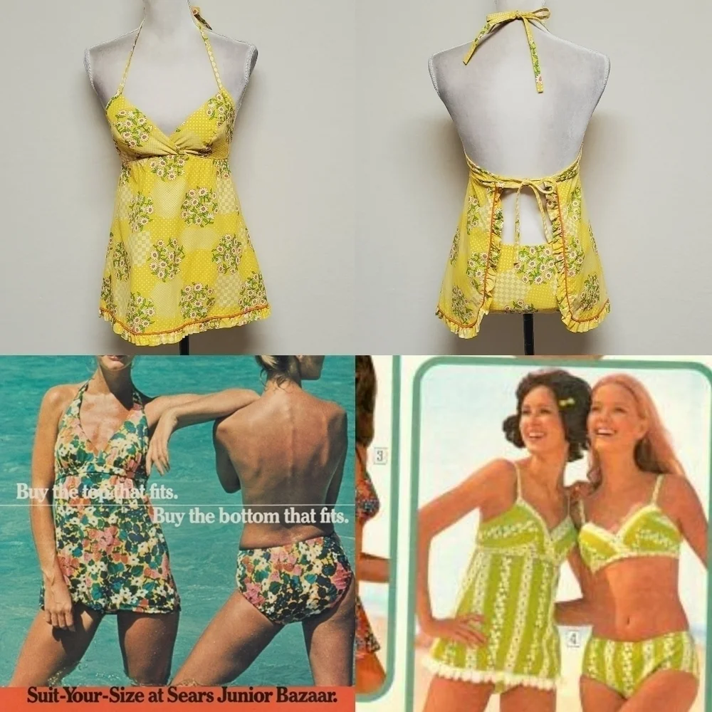 Vintage 60s Teen Girl Ultra Mod High High Bottom Ruffle Heart Floral Bikini XS